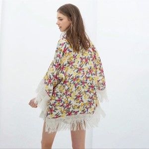 ZARA TRAFALUC Floral Boho Fringe Open Front Women’s Kimono in Medium